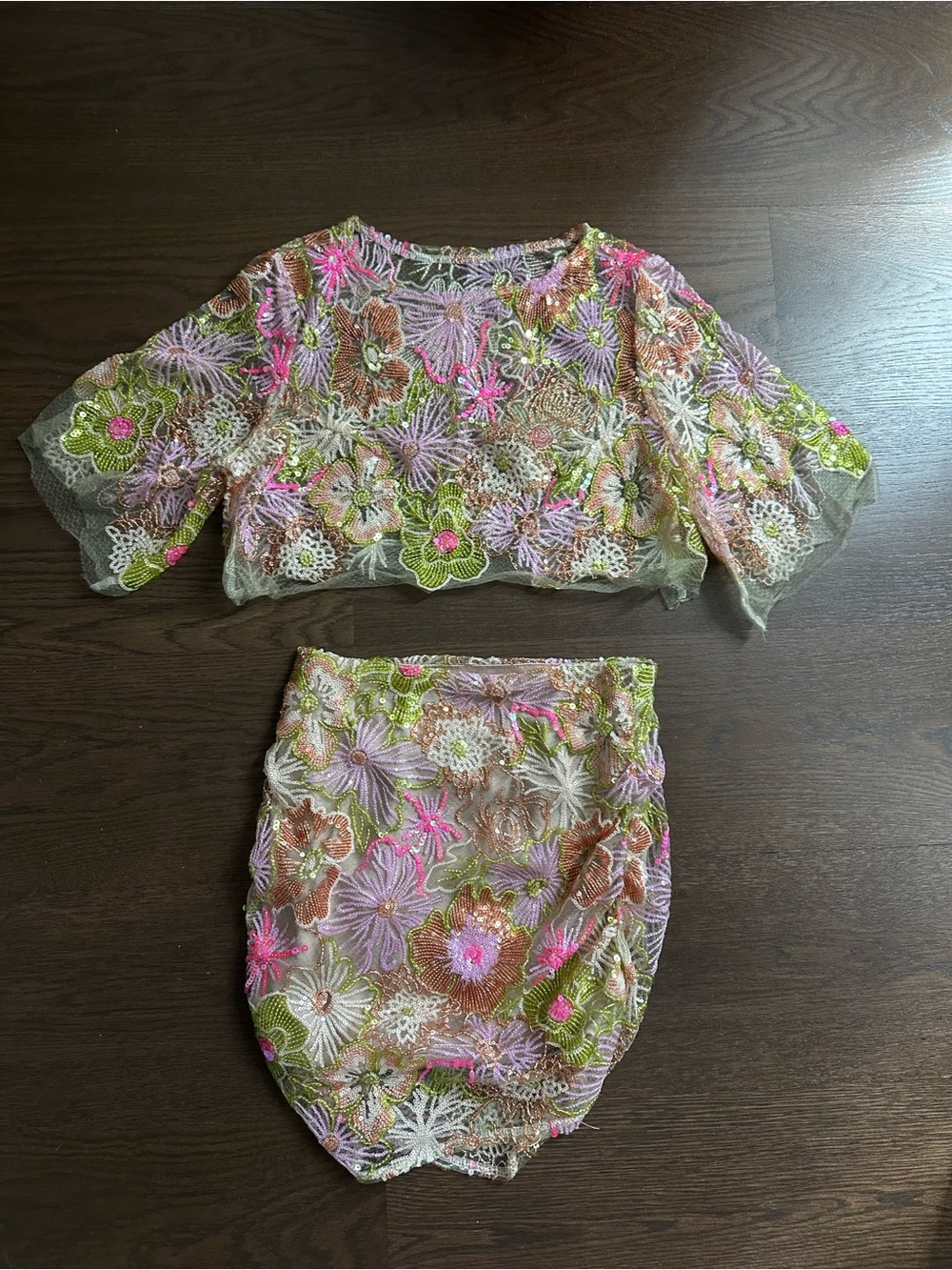 Floral Embroidered Two-Piece Skirt Set - Pink & Green